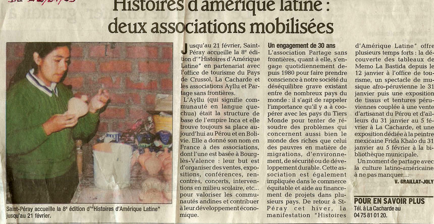 8 eme dition semaine "Histoires d'Amrique latine" de Saint-Pray en ardche avec l'association Ayllu et Partage sans Frontires - la presse - article 03